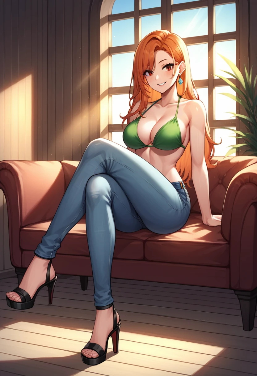 score_9, score_8_up, score_7_up, score_6_up, score_5_up, score_4_up, source_anime, 1girl, orange hair, solo, long hair, jewelry, brown eyes, smile, earrings, covered shoulders, (complex detailed background, inside, room environment, wooden walls, window, light rays), (cowboy shot), green bikini, jeans pants, black sandals, high heels, sofa, sit, crossed legs, best quality, best res, 4K UHD,