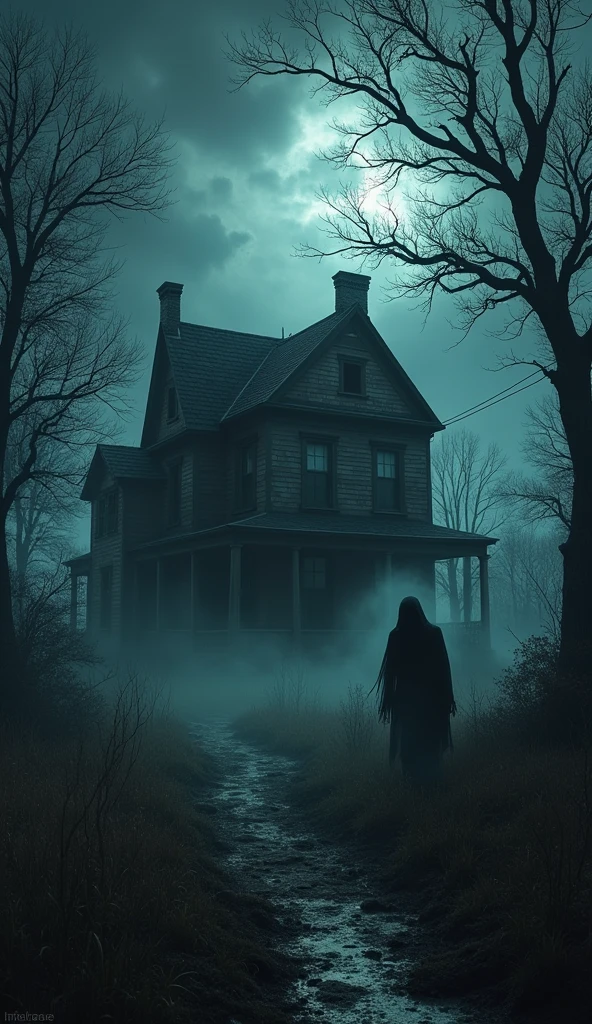 A dark, haunted farmhouse surrounded by gnarled trees, with a ghostly figure lurking in the shadows