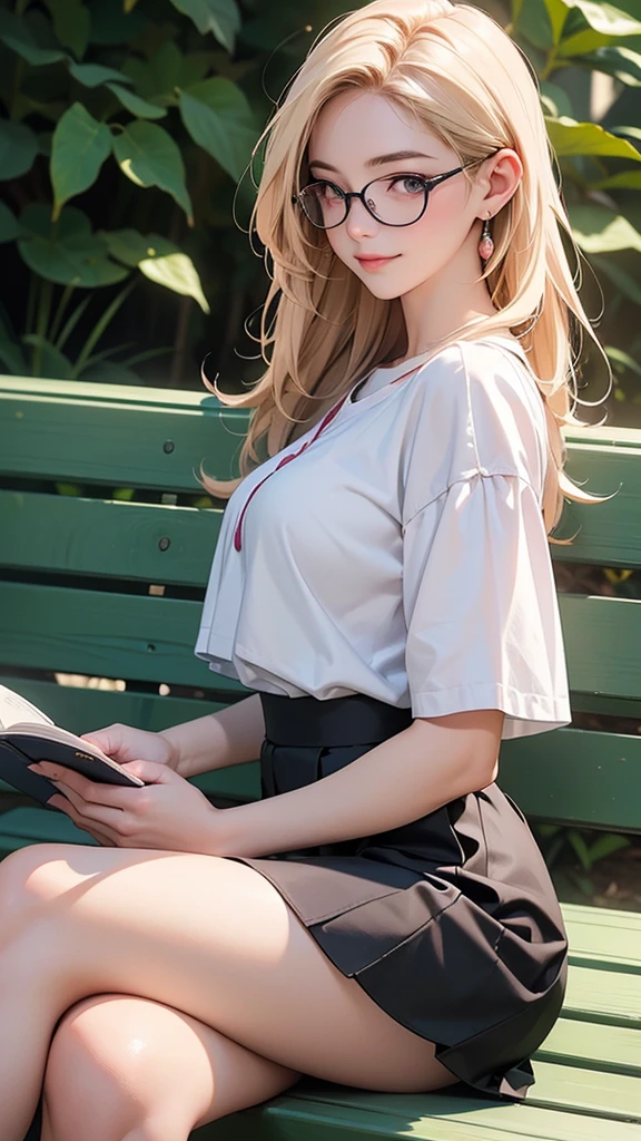 One Girl(High resolution, masterpiece, accurate, Anatomically correct), ((intellectual、Wearing glasses、Sitting on a bench reading a book、Crossing your legs、A slightly smiling expression))、(Two-tone golden hair、Pink eyes)、(A short-sleeved tight white shirt and a tight black skirt that accentuates her body lines)((Park during the day))Highest quality, Ultra high definition, High-resolution model, Side view、Face close-up