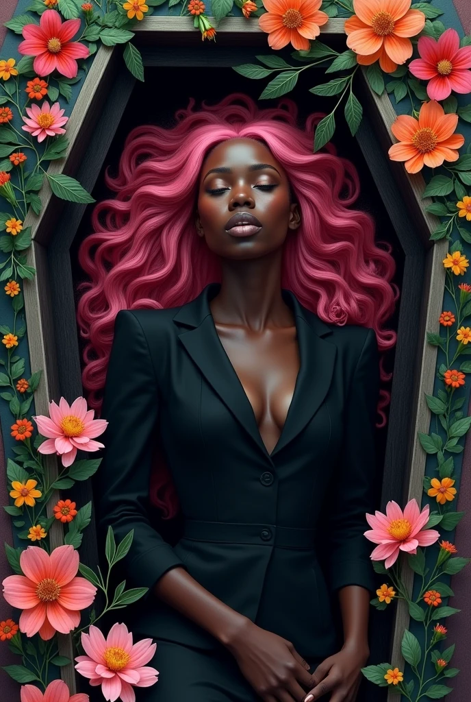 ((Artwork, high quality)), (girl), (black skin), (pink hair), (eyes closed), (dressed entirely in black), (lying inside a coffin), (surrounded by flowers).
