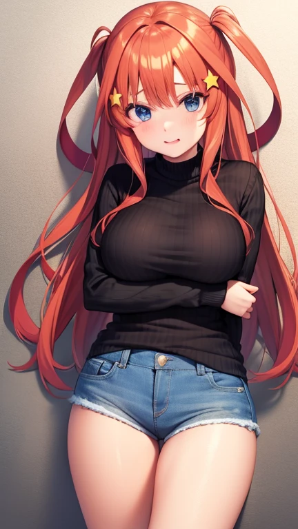 (Girl wearing a thick sweater)、（Redhead）、青い目をしたanime女の子、（Big Breasts）, （（Loose knitted sweater:1.4））,  (hot pants:1.2),魅力的なanime女の子, anime女の子 con pelo largo, 美しいanime女の子, かわいいanime, anime, かわいいanime, 最高のanime, 萌えanimeアートスタイル, かわいいビジュアルanime, 肖像画のanime, anime, 魅惑的なanime, (anime), 若いanime、Yellow star hair ornament