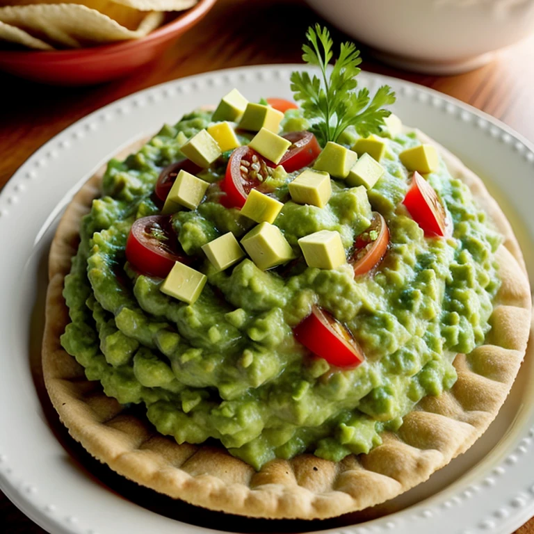 A table shared with friends laughing and enjoying fresh guacamole with tostadas. A hand dips a tostada into creamy guacamole