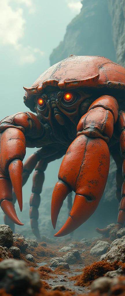 high resolution, best quality, giant monster, a giant crab, bright eyes, des pinces orange.