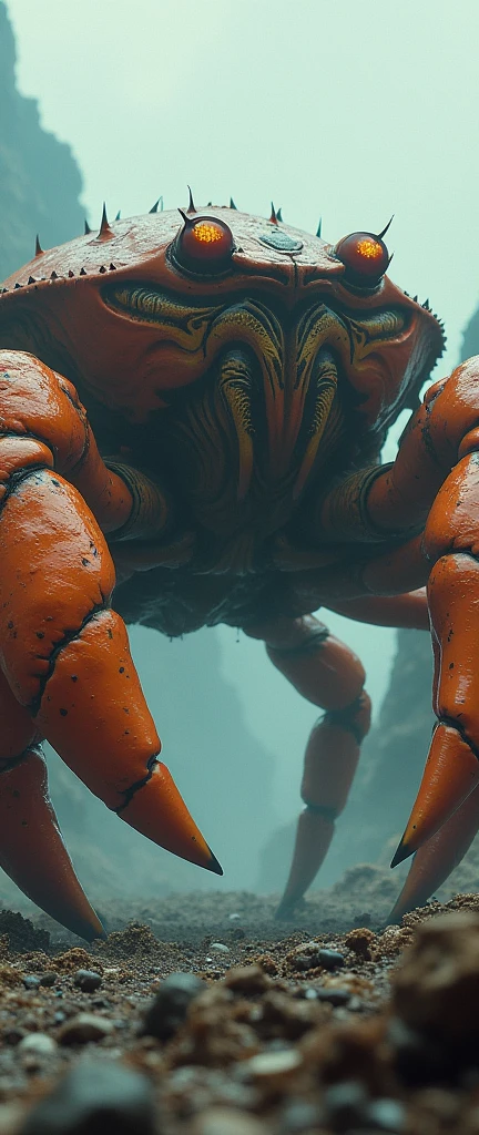 high resolution, best quality, giant monster, a giant crab, bright eyes, des pinces orange.