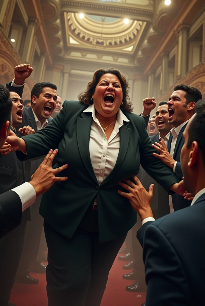 The people of GUAtemALA are angry and pushing out an obese woman in formal clothes., removing her from the Guatemalan Congress