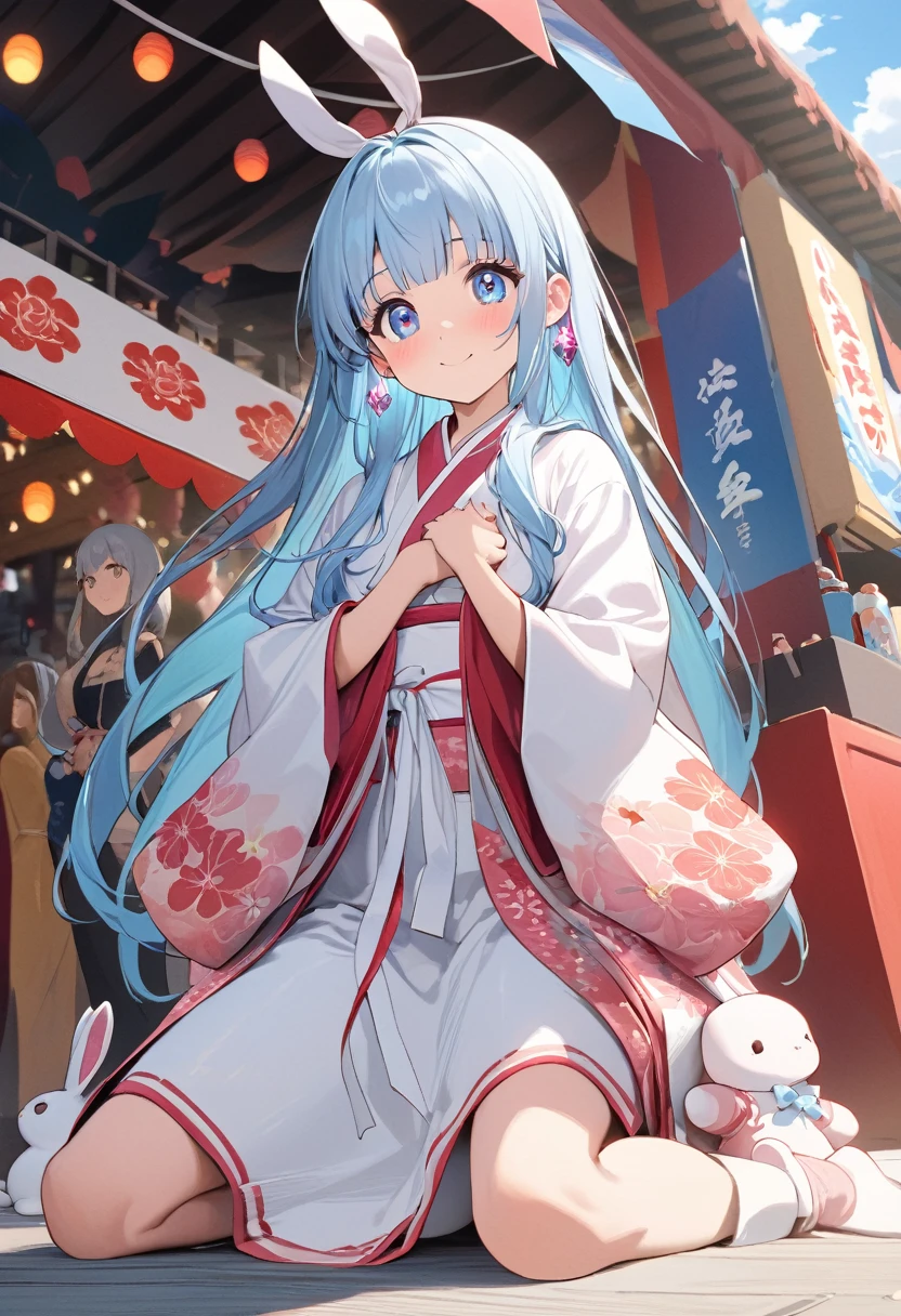 masterpiece, best quality, extremely detailed, (illustration, official art:1.1), 1 girl ,(((( light blue long hair)))), ,(((( light blue long hair)))),light blue hair, , long hair ((blush)) , cute face, big eyes, masterpiece, best quality,(((((a very delicate and beautiful girl))))),Amazing,beautiful detailed eyes,blunt bangs((((little delicate girl)))),tareme(true beautiful:1.2), sense of depth,dynamic angle,,,, affectionate smile, (true beautiful:1.2),,(tiny 1girl model:1.2),)(flat chest) 、,an extremely delicate and beautiful,Beautiful and realistic skin,Shiny jewel-like earrings,Long colorful hair,beautiful eyes,whole body,head to toe,beautiful regs,beautiful Traditional Japanese Happi coat,summer festival 、( Cute stuffed rabbit, )
