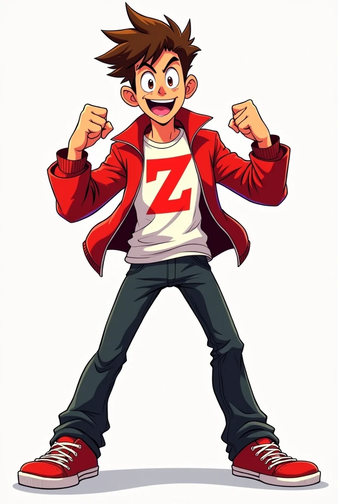 Comics style, solo, full body, man, brown spiky hair, brown eyes, excited expression, red jacket open, white T-shirt with red 'Z' on it, black pants, red sneakers, clenched fists, confident pose, facing forward, cartoon style, vibrant colors, thick lines