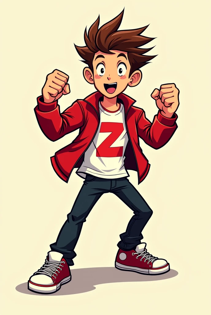 Comics style, solo, full body, man, brown spiky hair, brown eyes, excited expression, red jacket open, white T-shirt with red 'Z' on it, black pants, red sneakers, clenched fists, confident pose, facing forward, cartoon style, vibrant colors, thick lines