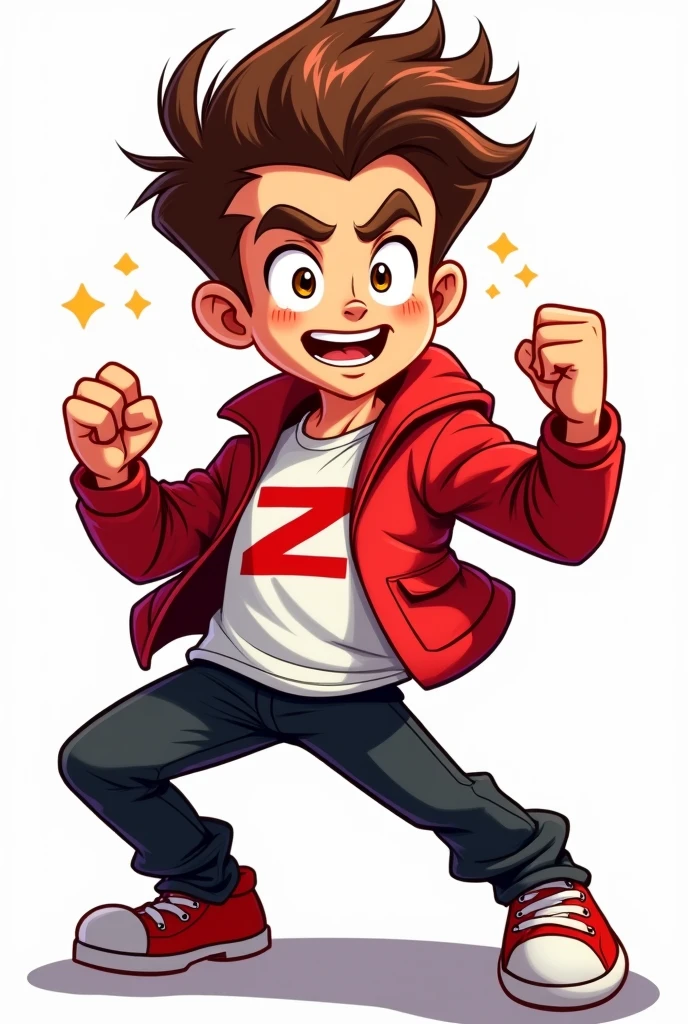 Comics style, solo, full body, man, brown spiky hair, brown eyes, excited expression, red jacket open, white T-shirt with red 'Z' on it, black pants, red sneakers, clenched fists, confident pose, facing forward, cartoon style, vibrant colors, thick lines