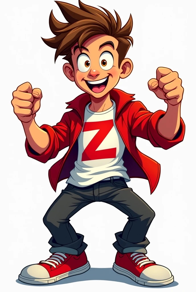 Comics style, solo, full body, man, brown spiky hair, brown eyes, excited expression, red jacket open, white T-shirt with red 'Z' on it, black pants, red sneakers, clenched fists, confident pose, facing forward, cartoon style, vibrant colors, thick lines