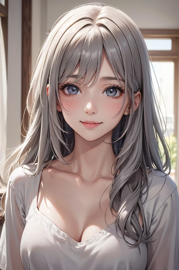 Best Quality,High resolution,8k,finelity detailed background,Masterpiece:1.2),beautiful girl,Glossy romance gray hair,messy hair,Gray eyes,Gentle look,A refreshing look,smile,Best quality,Best Quality,Aesthetic and aesthetic:1.2,Best details((Super detailed))(High-definition CG illustrations),impossible shirt,Slender body,Inside the room,smile,blush,cute,Scrounge,Looking up,Being spoiled,super model