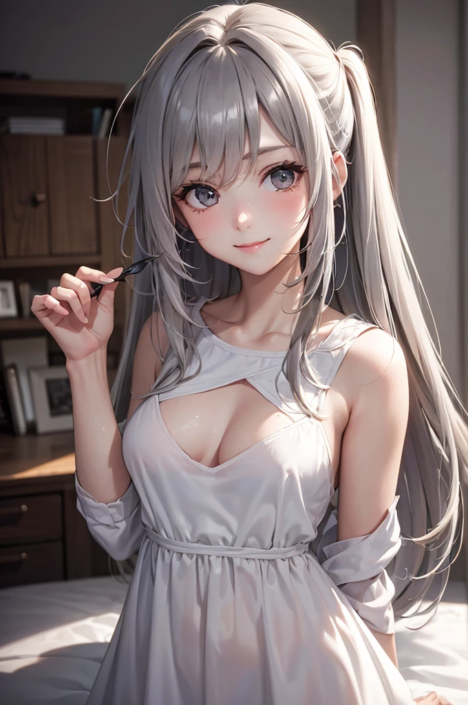 Best Quality,High resolution,8k,finelity detailed background,Masterpiece:1.2),beautiful girl,Glossy romance gray hair,messy hair,Gray eyes,Gentle look,A refreshing look,smile,Best quality,Best Quality,Aesthetic and aesthetic:1.2,Best details((Super detailed))(High-definition CG illustrations),impossible shirt,Slender body,Inside the room,smile,blush,cute,Scrounge,Looking up,Being spoiled,super model