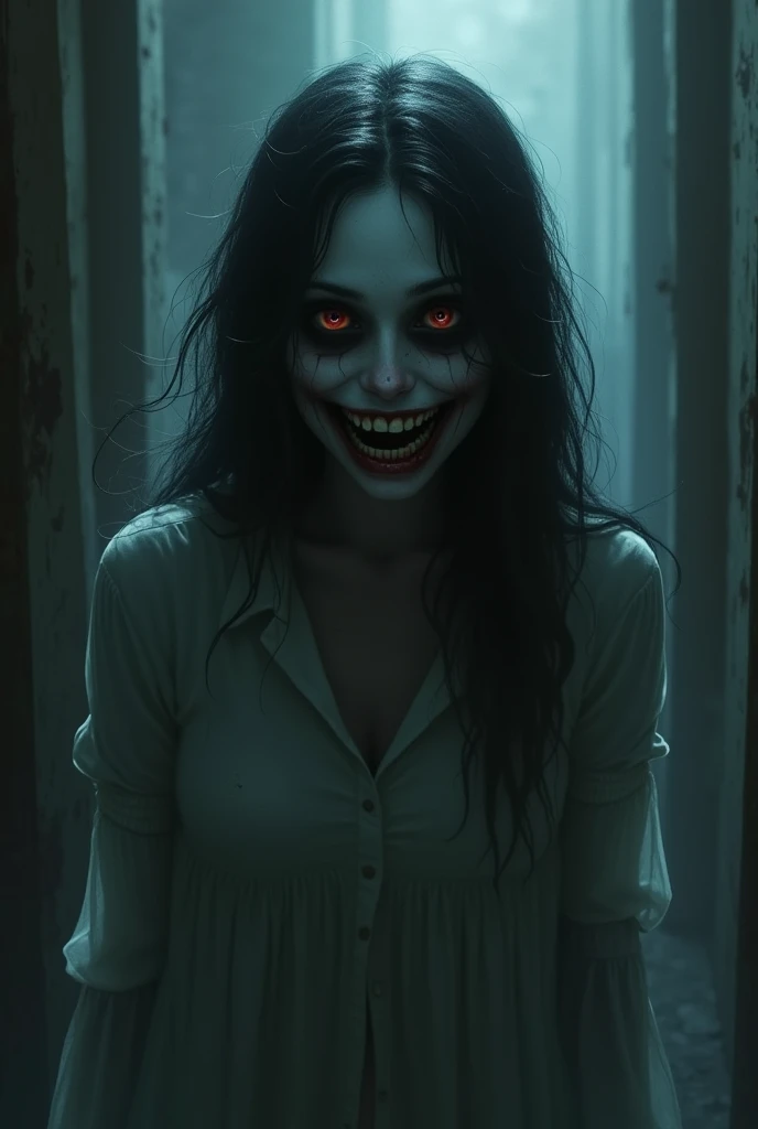 Create the creepypasta of smile dog version female
