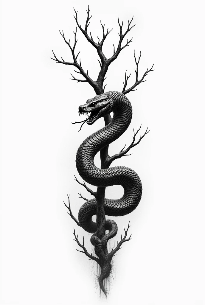 Tattoo design of a snake winding around branches coming from above, hissing with visible fangs. The whole design is in black and white, but rather light than dark.