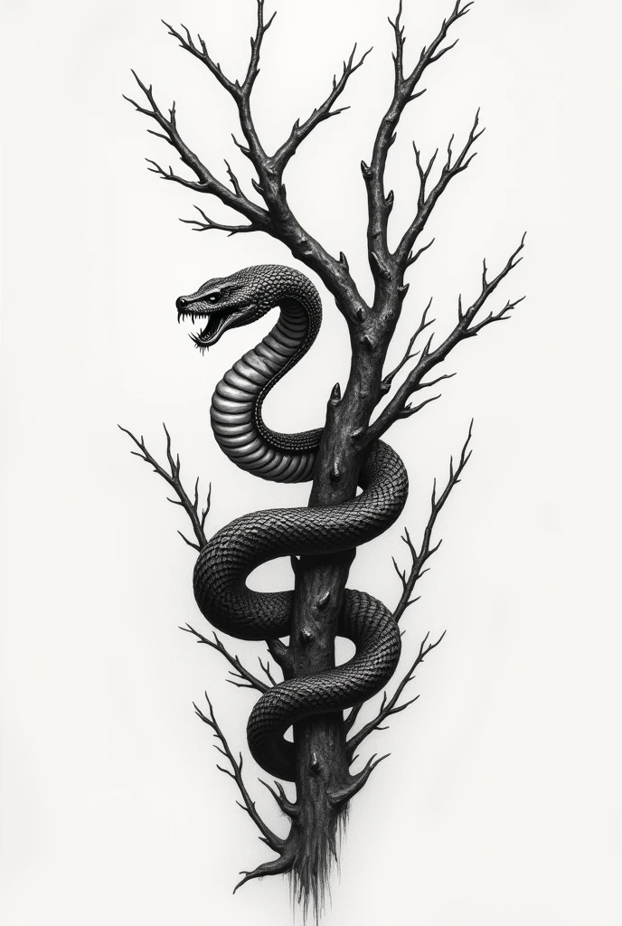 Tattoo design of a snake winding around branches coming from above, hissing with visible fangs. The whole design is in black and white, but rather light than dark.