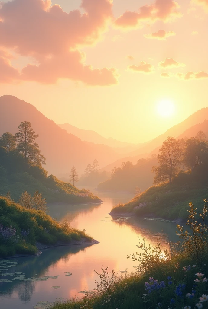 Calm, serene background, perhaps a sunrise or a peaceful landscape. Soft music playing in the background.