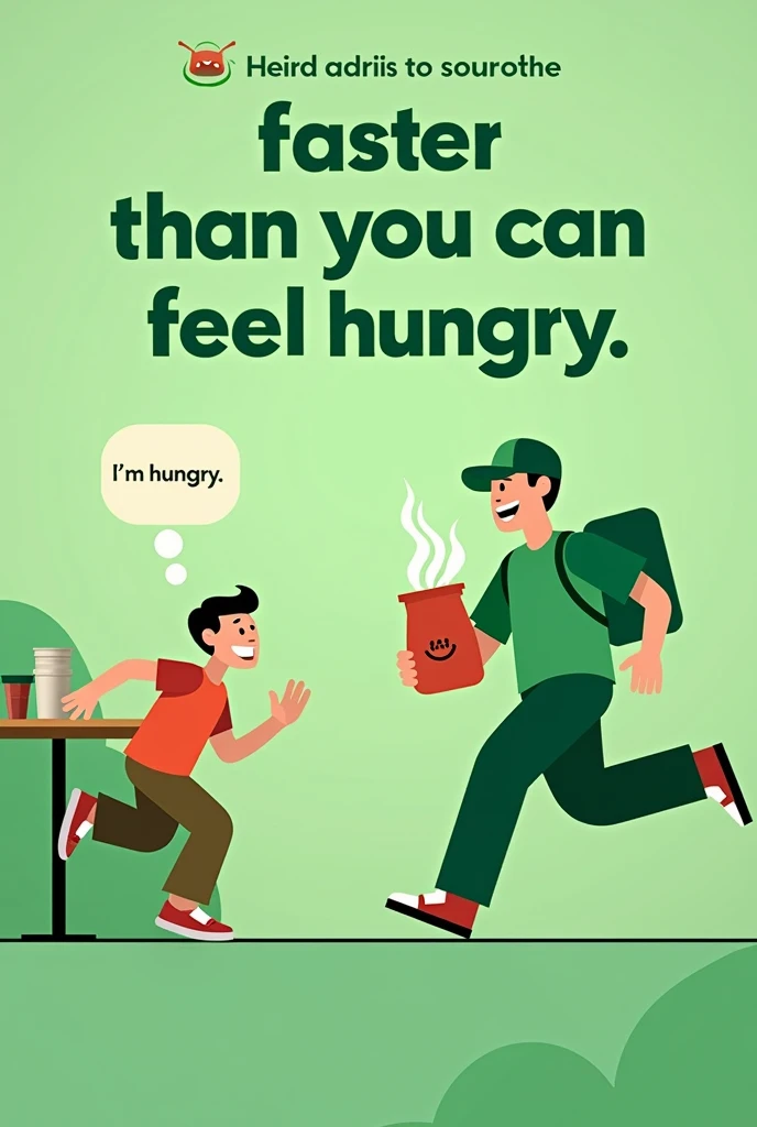 "your food arrives faster than you can feel hungry" This text should be prominently displayed at the top of the image.

"Swish: Delight delivered in 10 minutes" This text should be prominently displayed at the bottom of the image.



A hungry person sitting at a table, eyes closed, mouth watering, and saying "I'm hungry." In the background, a Swish delivery person is sprinting towards the person with a steaming food delivery bag. The person opens their eyes just as the delivery person arrives, revealing the food inside the bag.

Additional details:

Use vibrant, dynamic colors.
Keep the ad minimal.
Create a sense of urgency and excitement.
The thoughts of the man should be prominently displayed.."I am Hung.."
The theme of the ad should be green
