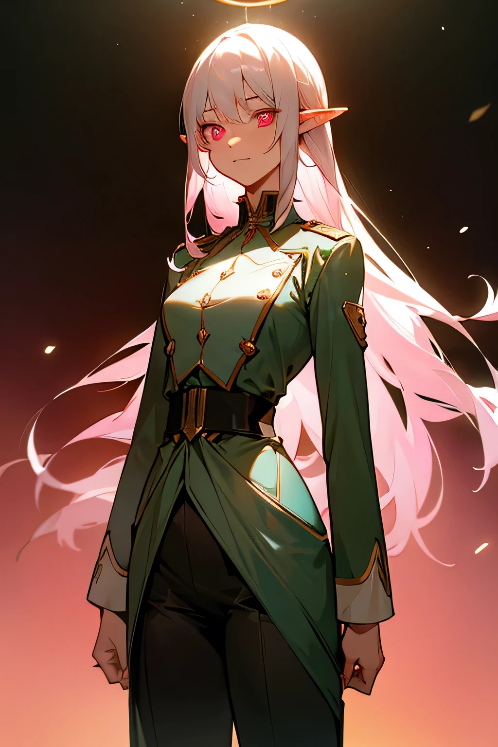 tsundere elf, long hair, White hair, (pink eyes), pointy ears, elfo, White hair, ssmile、cloused mouth、absolute reference to the center、bonitas, no matter who looks、arms behind the back,clavicle,military dress uniform、absolute reference to the center、all-body, standing alone,cinematic lighting、cowboy shot、Beautiful thighs、high-detailed face, perfect lighting, highly detailed CG, (perfect hands, Perfect Anatomia, one girl, expression of happiness, roupa conservadora militar