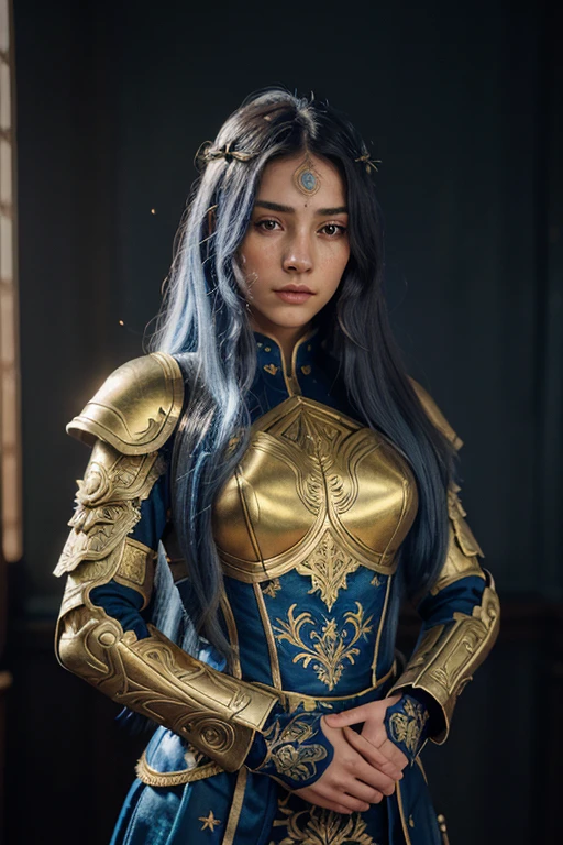 A young female warrior with long, flowing blue hair stands confidently, wearing intricately detailed golden armor with ornate engravings. Her armor shines with metallic gold and dark blue hues, giving a regal and mystical appearance. She has a calm, determined expression with a slightly flushed face, and delicate features including light freckles. The background is a textured, neutral-colored surface that contrasts with her vivid appearance. The overall atmosphere is both heroic and ethereal.