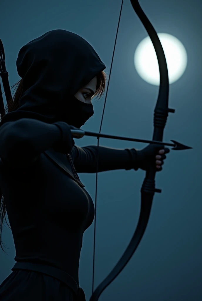 Close-up from aside A hyper-realistic image of a woman wearing like a ninja shooting an arrow. It's dark at night. The ninja is aiming the arrow at the moon.