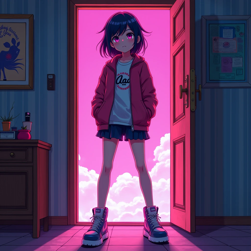 ,создай картинку full body shot, in neon colors, anime style, the girl should be in full growth, the girl should not be looking at the camera, the girl should have a crazy smile, The girl should be full-length., The girl should stand with the door ajar.