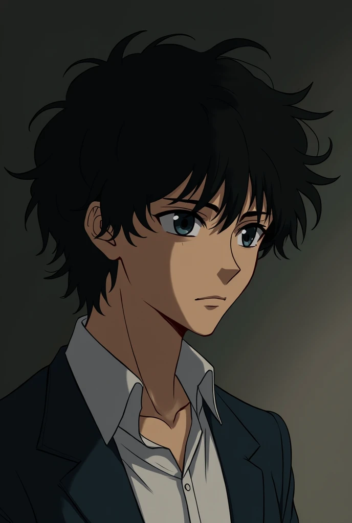 man, I have curly black hair, about shoulder length., Honey-colored skin, Anime style like Evangelion, Introvert, Dark circles under the eyes, Still face, composed, I don't like people