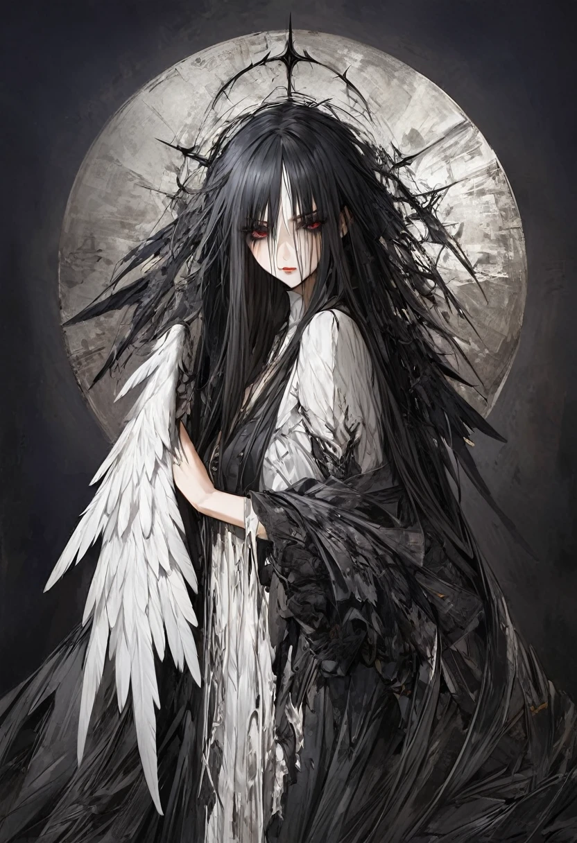 an image of a woman with white and black hair and white and black wings, Angel Knight Gothic Girl, angel with black wings, the angel of death, 由杨J, of beautiful angel, the angel of death with a halo, angel of death, dark Angel, of an beautiful angel girl, white haired deity, beautiful angel, girl angel knight, angelic, fantasy art