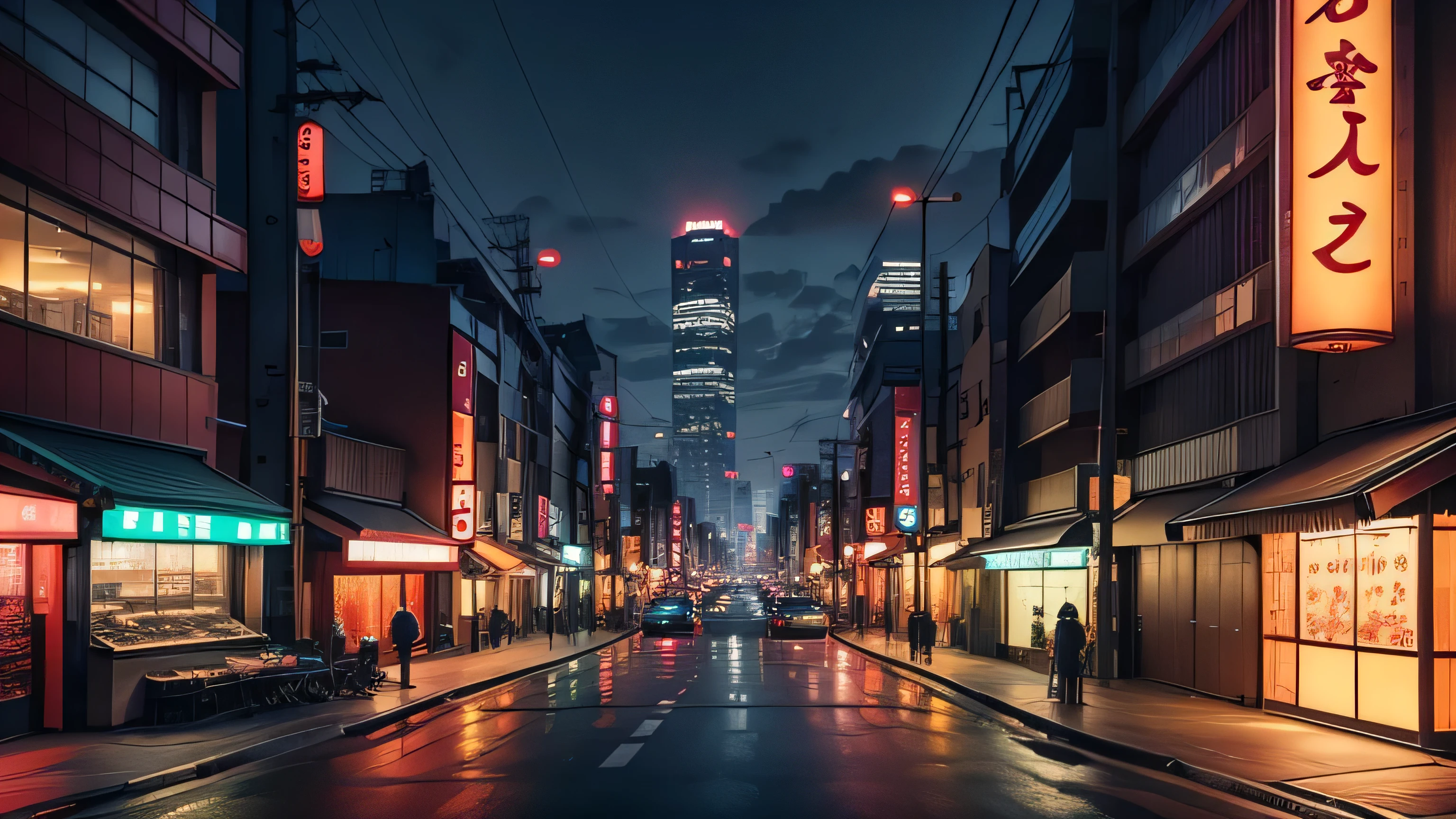 Anime-style background of Tokyo cityscape at night, The scene captures the vibrant energy of Tokyo with its towering skyscrapers adorned with neon signs and billboards, Streets are bustling with people and cars, reflecting the city's lively atmosphere, Traditional Japanese elements like a torii gate or cherry blossoms in the foreground add a touch of cultural authenticity, The sky is dark with scattered clouds, and the city's lights create a beautiful contrast, illuminating the scene, The overall mood should be dynamic and slightly futuristic, with a blend of modern urban life and traditional Japanese charm