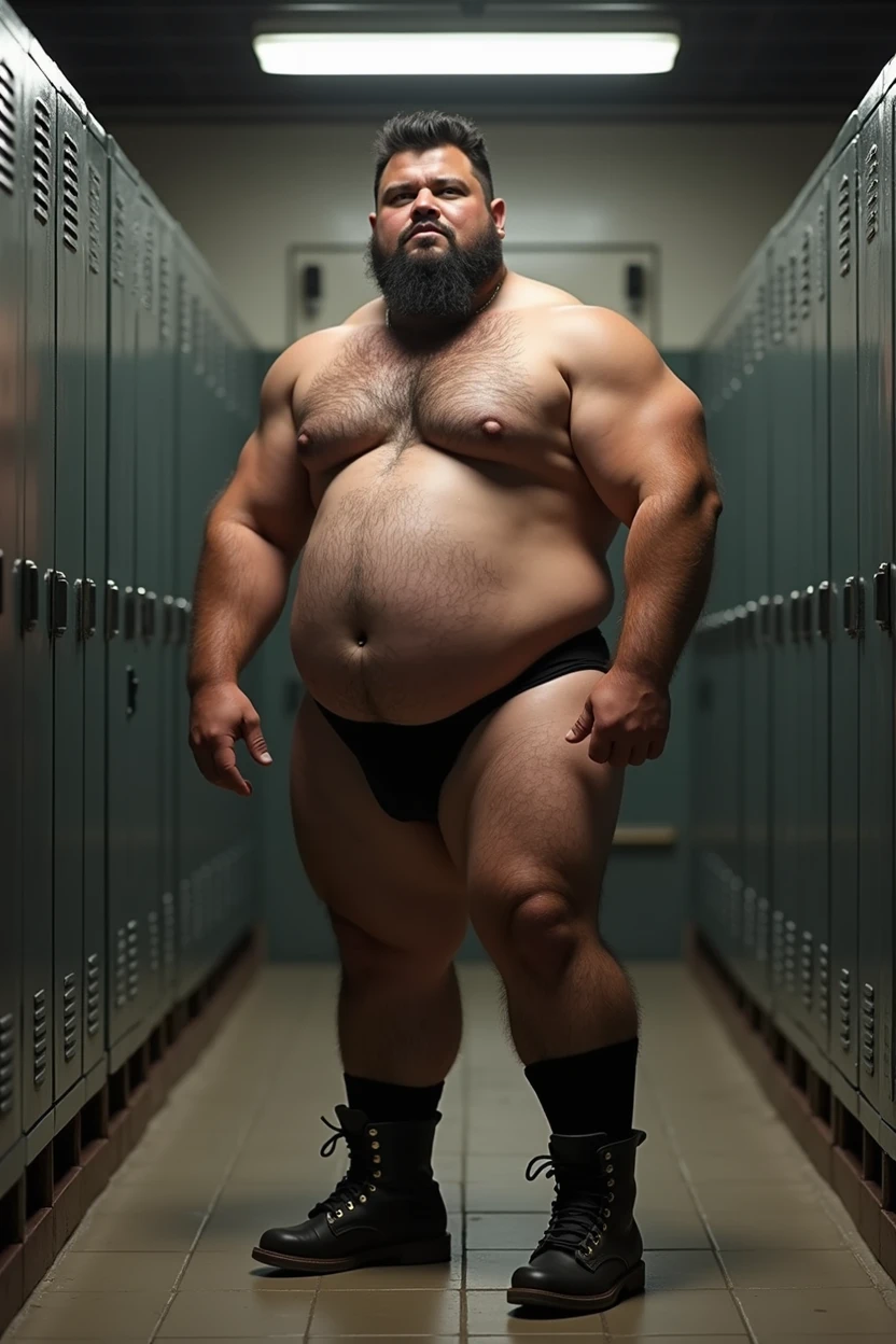 fat hairy Mexican  young father  wearing a sexy tiny transparent thong, the factory lockers , skin color thong,  black socks and boots , facing to the Left, hairy anus, big Dick , bonding , hairy ,  skin color anus ,  big bulge , large feet 