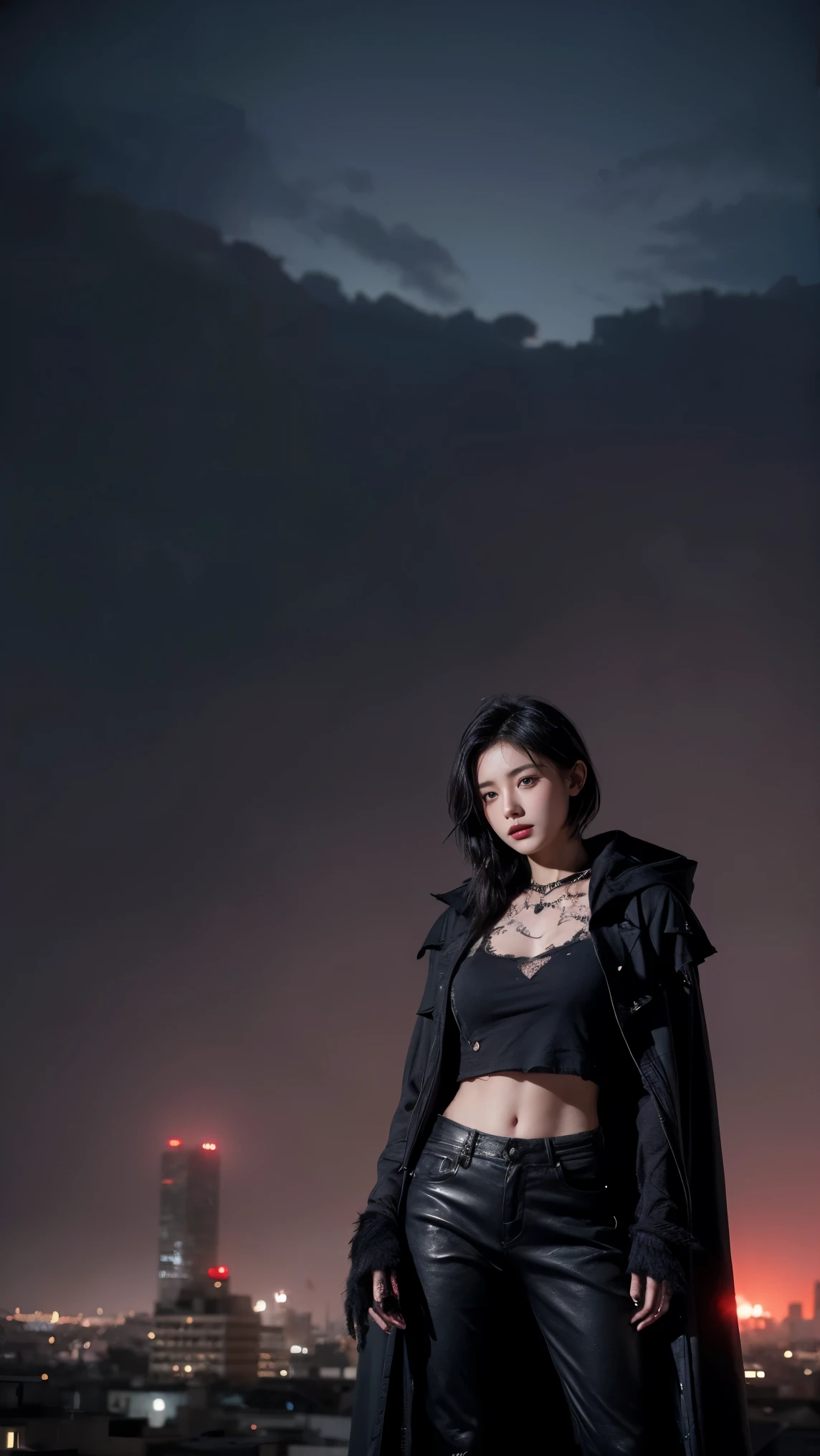 21yo girl with short dark hair and a tattered grey cloak, black pants. she stands on top of a building in a gothic fantasy city. the sky has a red glow and ash is falling.