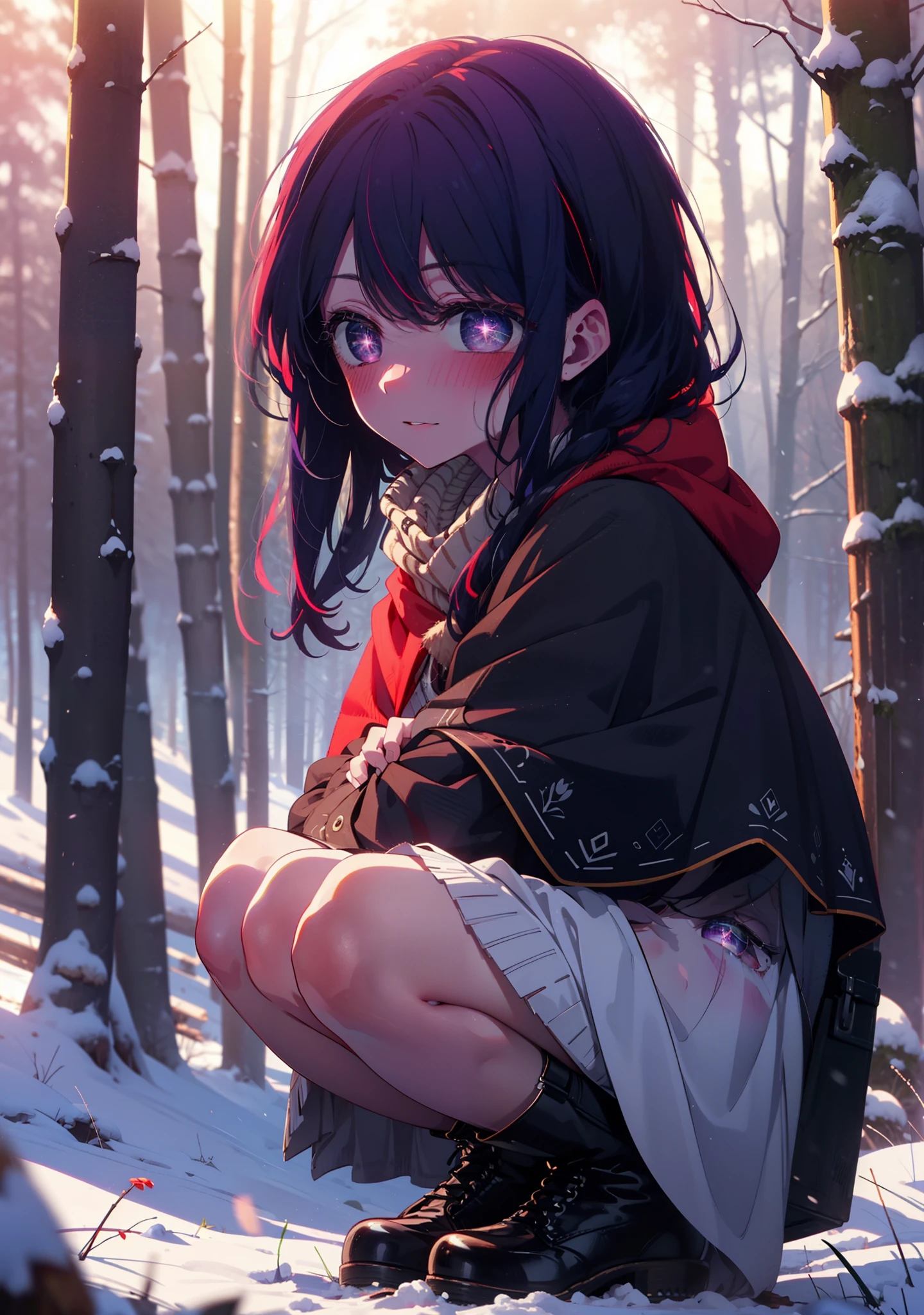 aihoshino, Ai Hoshino, Long Hair, bangs, (Purple eyes:1.1), Purple Hair, (Symbol-shaped pupil:1.5), smile,,smile,blush,white breath,
Open your mouth,snow,Ground bonfire, Outdoor, boots, snowing, From the side, wood, suitcase, Cape, Blurred, , forest, White handbag, nature, Squat, Mouth closed, Cape, winter, Written boundary depth, Black shoes, red Cape break looking at viewer, Upper Body, whole body, break Outdoor, forest, nature, break (masterpiece:1.2), Highest quality, High resolution, unity 8k wallpaper, (shape:0.8), (Beautiful and beautiful eyes:1.6), Highly detailed face, Perfect lighting, Extremely detailed CG, (Perfect hands, Perfect Anatomy),