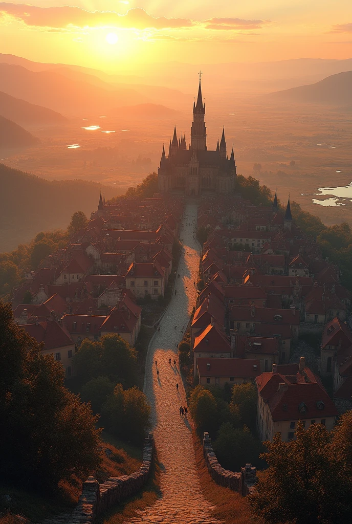 A stunning view of a vast and grand kingdom inspired by French villages from around 100 years ago, seen from a much higher mountain peak during a golden sunset. The expansive kingdom stretches far into the horizon with an air of timeless grandeur. The palace at the center of the kingdom is even smaller and more distant, emphasizing the high altitude. The palace, with its towering spires, is surrounded by countless charming houses with red-tiled roofs and stone walls. Cobblestone streets radiate from the palace, connecting bustling market squares, peaceful parks, schools, ponds, and lakes, all glowing softly in the evening light. The kingdom is set against rolling hills and valleys, which add to its vastness and majesty. The sky is painted in warm orange and pink hues, enhancing the enchanting beauty of the scene