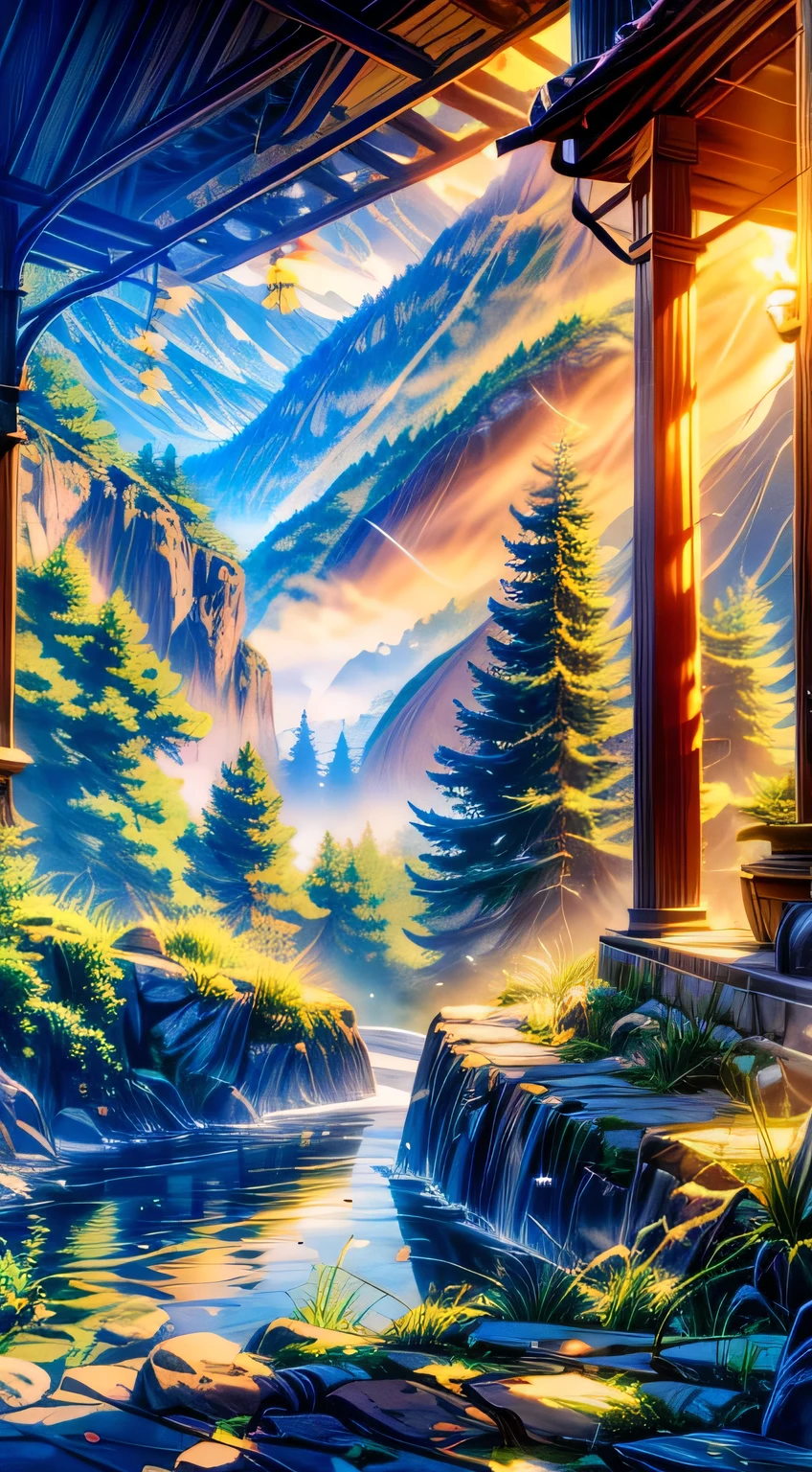 Imagine a breathtaking sunrise over a tranquil valley, where the first light of day gently kisses the mist-covered hills. The sky transitions from deep indigo to soft pinks, purples, and golds, creating a warm, ethereal glow. Below, a river winds through the valley, its surface shimmering with the dawn's reflection. Ancient trees stand tall, their branches draped in mist, adding a mystical aura to the scene. Soft rays of sunlight pierce through the fog, illuminating delicate wildflowers and creating a serene and otherworldly atmosphere. The entire view evokes a sense of calm and quiet wonder.