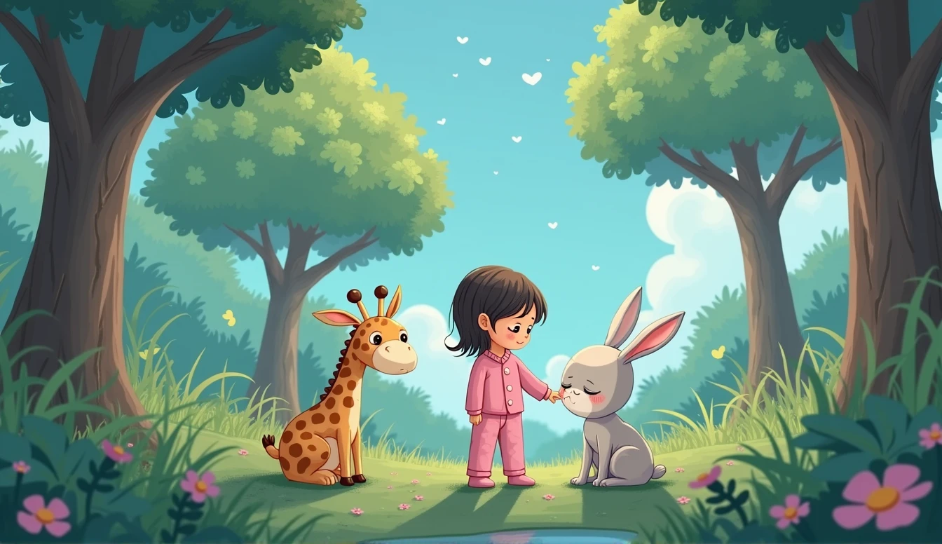 A sad cartoon bunny sits under a tree, A plush giraffe toy and a small cartoon girl in pink pajamas are looking at him.