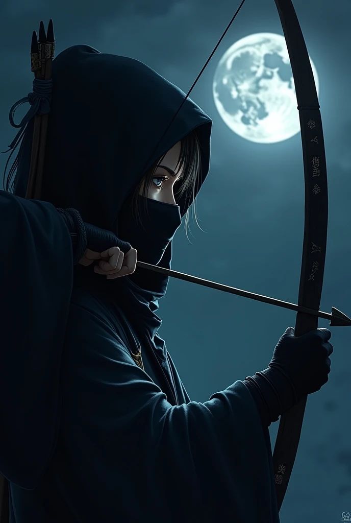 Close-up from aside A hyper-realistic image of a woman wearing like a ninja shooting an arrow. It's dark at night. The ninja is aiming the arrow at the moon.