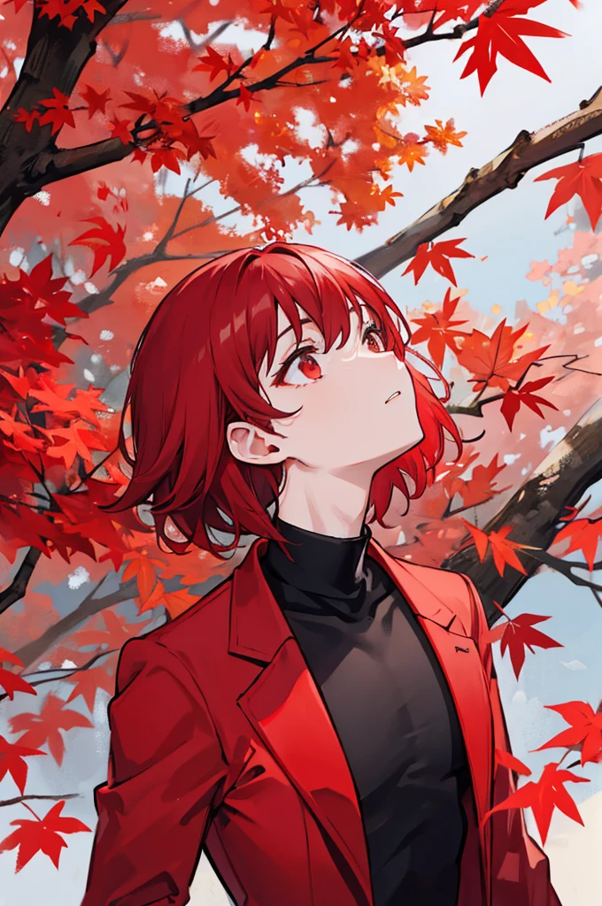 Looking up at the crimson maple tree、With red short hair、wearing a red suit jacket、Wearing a black turtleneck and black long pants、youth、man