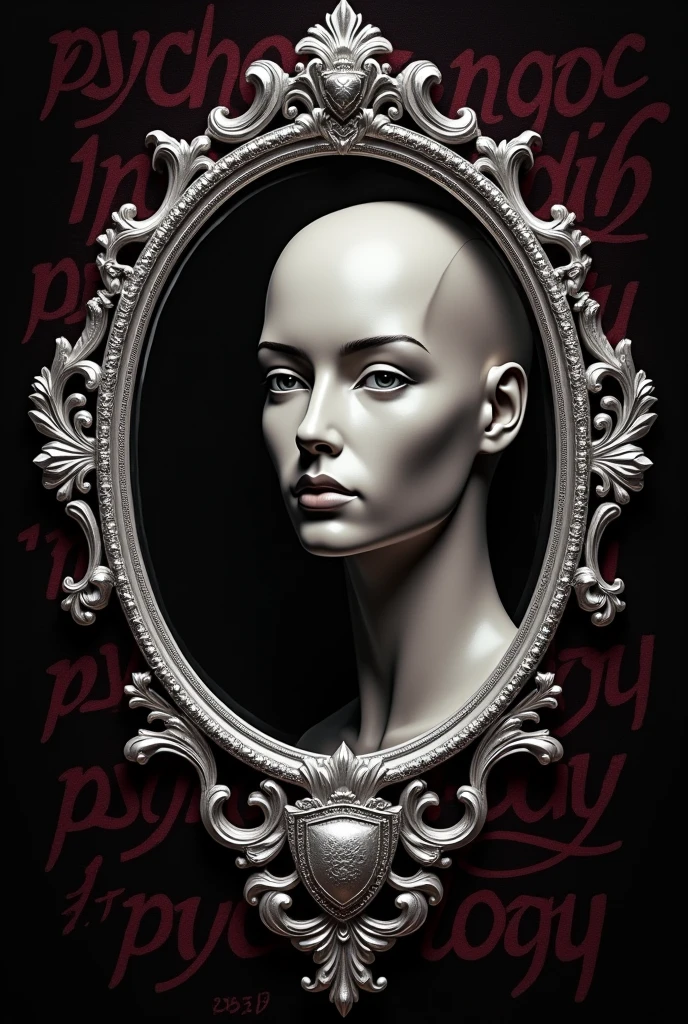 make a black t-shirt print with a rounded mirror in the rococo style in silver with the inside reflecting the face of a mannequin so that it almost fills the entire mirror and looking straight ahead . Behind this mirror the writing "psychology" filling the entire background with the letters in the Renaissance style in dark wine color. on the lower part and centered on the edge of the mirror should contain a coat of arms with the symbol: (Ψ) also in silver and wine
