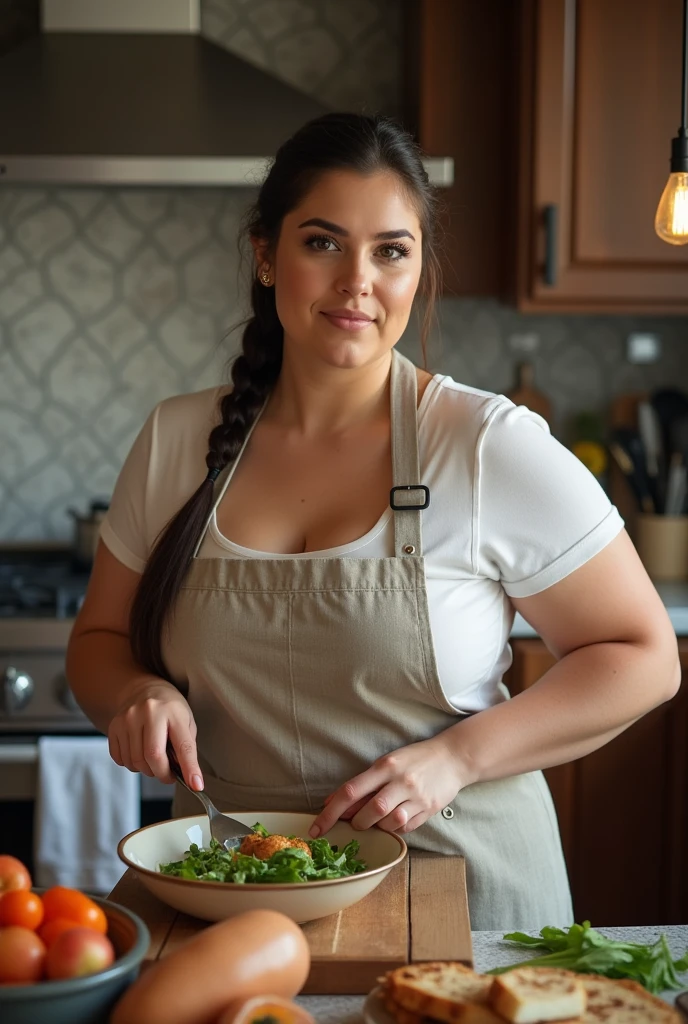 Beautiful woman, resembling an Instagram model, 24 years old, with dark brown eyes, oval face shape, in a comfortable clothing, linen Apron to protect her clothes, plus seize body, with a height of 1.70 m, weight of 75, a bust size of M, a well-shaped bottom with the size of 38, and very realistic skin texture, long hair, hair tied back, relaxed and graceful, full body view, in the kitchen, she is cooking, a delicious meal, with refined and sophisticated interior details visible in the background, the photo is in high resolution, masterpiece quality, with complex details, sharpness, and detailed skin and eye textures. Captured in 4k resolution with a Canon camera, featuring a serene expression, depth of field, Kodak Vision color, ultra-realistic photography, and post-processing to ensure maximum detail, true to life