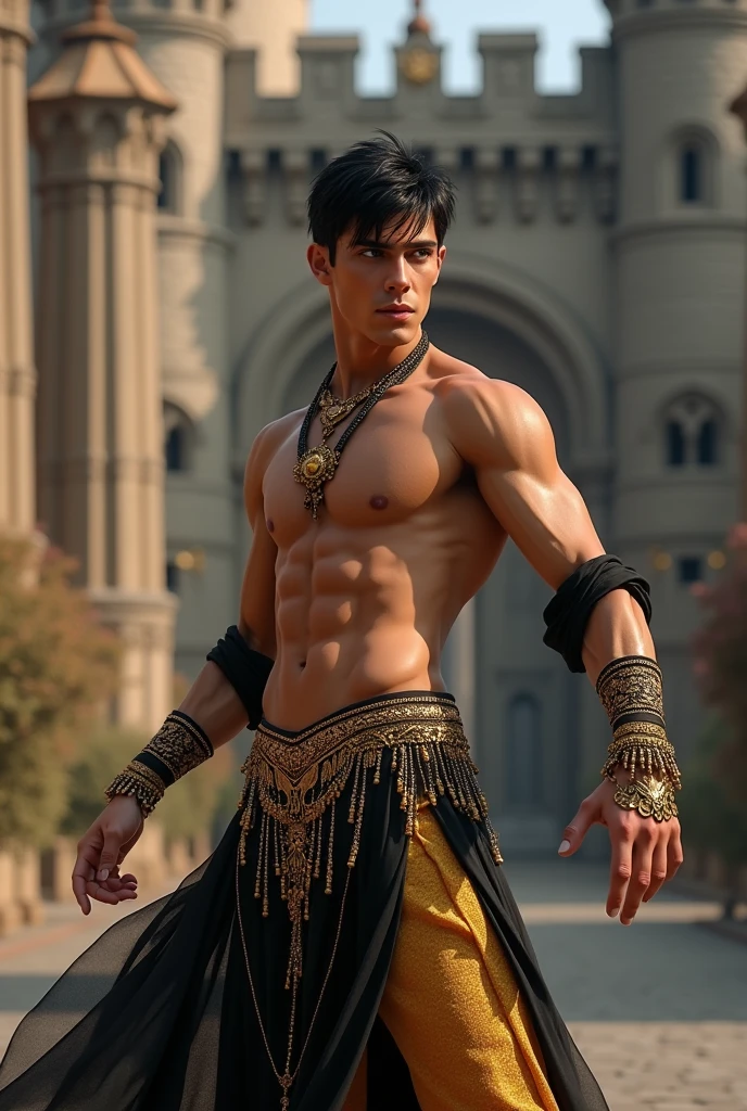 masterpiece, high quality, best quality, beautiful, hd, realistic, perfect lighting, detailed face, detailed body, 1 man, solo, black short hair, blue eyes, brown skin, Belly dancer's costume is gold and black, Castle background, Belly Dancer Boy, Sissy boy, Graceful, Looks charming