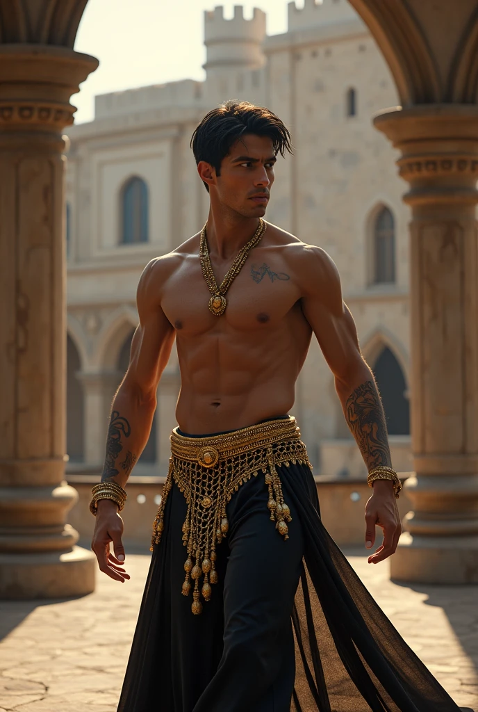 masterpiece, high quality, best quality, beautiful, hd, realistic, perfect lighting, detailed face, detailed body, 1 man, solo, black short hair, blue eyes, brown skin, Belly dancer's costume is gold and black, Castle background, Belly Dancer Boy, Sissy boy, Graceful, Looks charming  