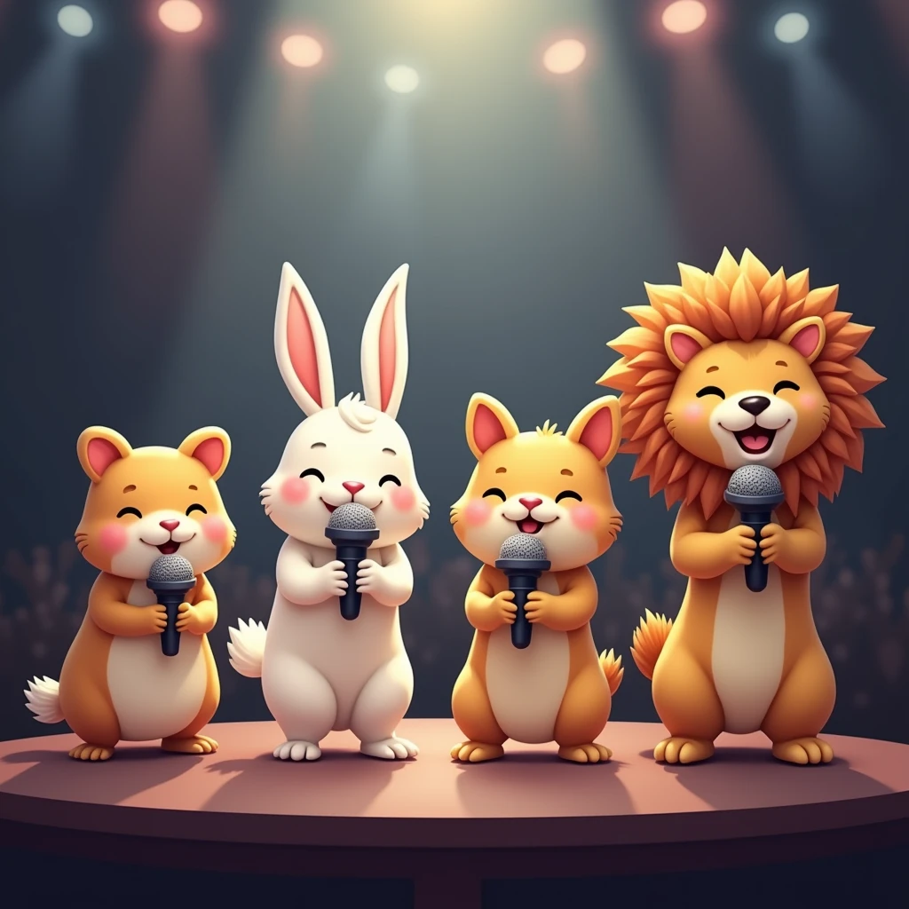 An adorable and realistic hamster, an adorable and realistic rabbit, an adorable and realistic Shiba Inu, and an adorable and realistic lion. They are all singers holding microphones on stage at a concert. It's a concert with spotlights. Their bodies should not be too long, keep them small.