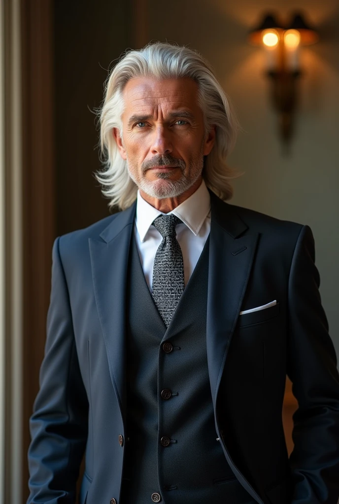 ((best quality, masterpiece, 8K, photorealistic, cinematic lighting, HDR image, ultra-detailed, beautiful image), 1 man, 31 years old, mature man, tall, statuesque, masculine, very handsome, (expressions, serious), long straight platinum hair, gray-blue eyes (penetrating gaze), perfect face without flaws, slanted eyes, nose with a slight hump, high cheekbones, imposing posture, no mistakes, businessman, branded clothing, luxury. Influential, attractive, knows his worth, has success with women.