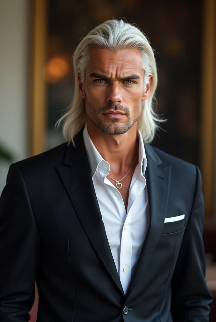 ((best quality, masterpiece, 8K, photorealistic, cinematic lighting, HDR image, ultra-detailed, beautiful image), 1 man, 31 years old, mature man, tall, statuesque, masculine, very handsome, (expressions, serious), long straight platinum hair, gray-blue eyes (penetrating gaze), perfect face without flaws, slanted eyes, nose with a slight hump, high cheekbones, imposing posture, no mistakes, businessman, branded clothing, luxury. Influential, attractive, knows his worth, has success with women.