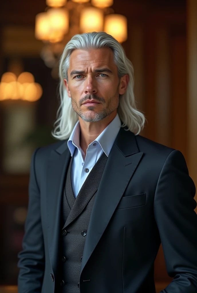 ((best quality, masterpiece, 8K, photorealistic, cinematic lighting, HDR image, ultra-detailed, beautiful image), 1 man, 31 years old, mature man, tall, statuesque, masculine, very handsome, (expressions, serious), long straight platinum hair, gray-blue eyes (penetrating gaze), perfect face without flaws, slanted eyes, nose with a slight hump, high cheekbones, imposing posture, no mistakes, businessman, branded clothing, luxury. Influential, attractive, knows his worth, has success with women.