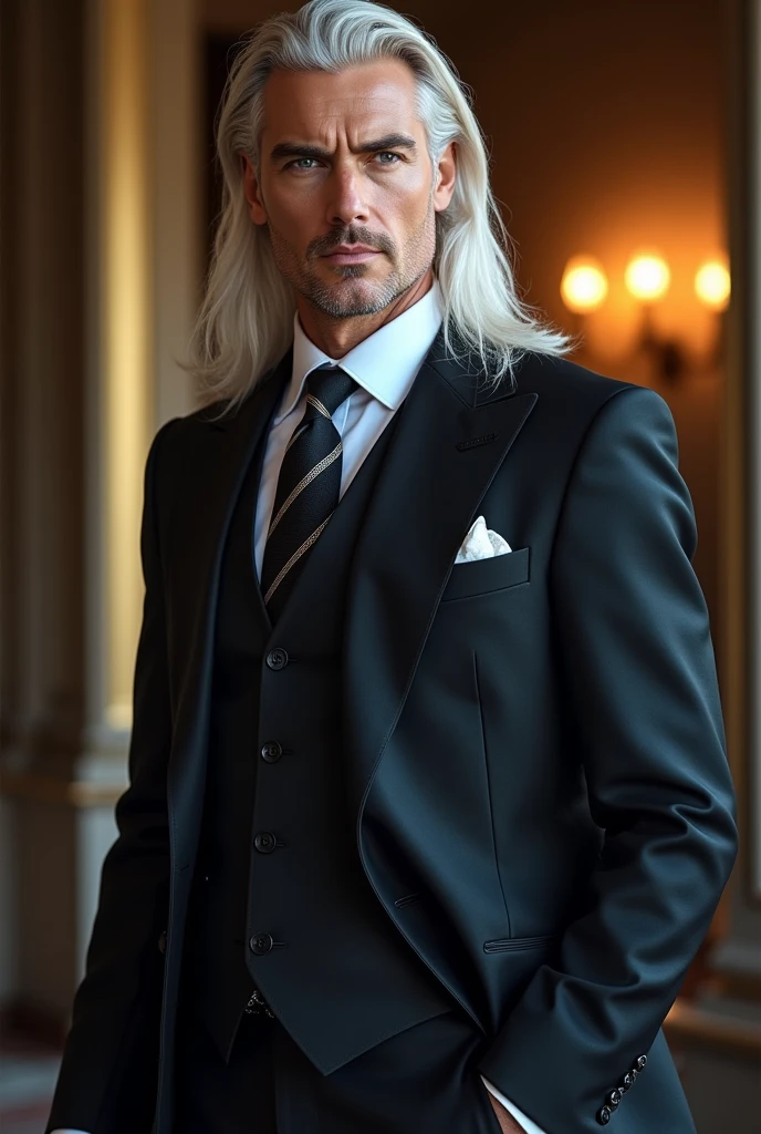 ((best quality, masterpiece, 8K, photorealistic, cinematic lighting, HDR image, ultra-detailed, beautiful image), 1 man, 31 years old, mature man, tall, statuesque, masculine, very handsome, (expressions, serious), long straight platinum hair, gray-blue eyes (penetrating gaze), perfect face without flaws, slanted eyes, nose with a slight hump, high cheekbones, imposing posture, no mistakes, businessman, branded clothing, luxury. Influential, attractive, knows his worth, has success with women.