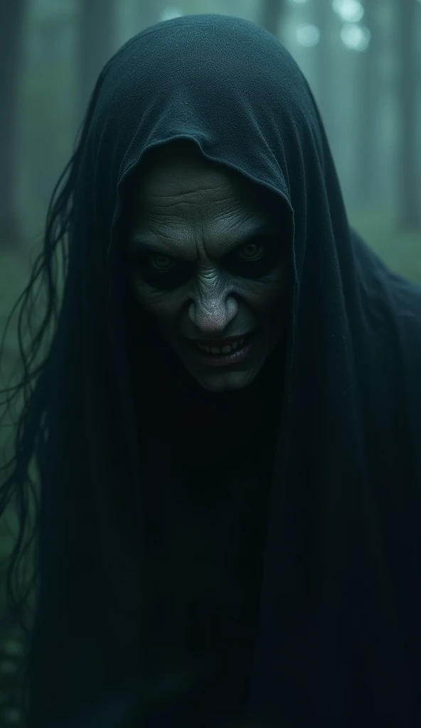 A close-up of the Bell Witch, with a sinister, shadowy form and a malevolent expression, watching from the darkness