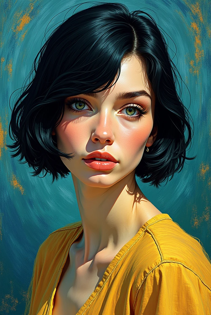 Can you make a self-portrait of a woman with short, black hair that reaches her shoulders, using a Van Gogh style by blending the artist's brushstrokes and colors?