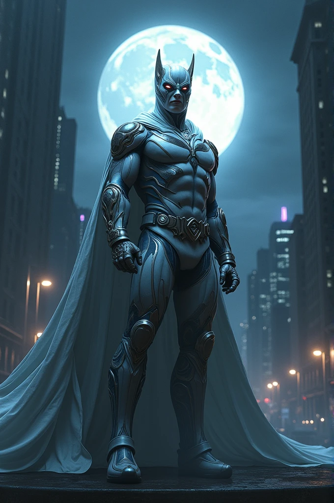 A heroic figure stands in a moonlit urban landscape. Clad in an intricate, silver-white suit, their cape billows behind them, echoing the shape of a crescent moon. The hero's mask reveals intense eyes, reflecting a steely resolve. In the background, towering skyscrapers and a dark sky dotted with stars and a glowing full moon create an atmospheric, nocturnal scene. The figure exudes an aura of mystery and power, poised for action.