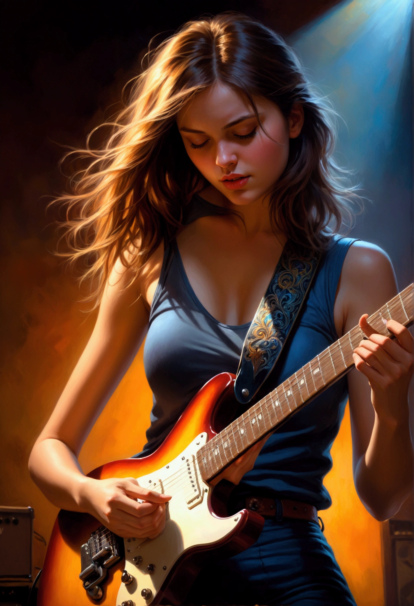 1girl, Guitarist, a guitarist playing an electric guitar, detailed facial features, intricate guitar details, dramatic lighting, moody atmosphere, cinematic composition, oil painting, vibrant colors, dramatic shadows, skilled musician, intense expression, dynamic pose, studio setting, professional quality, masterpiece, best quality, very aesthetic, absurdres