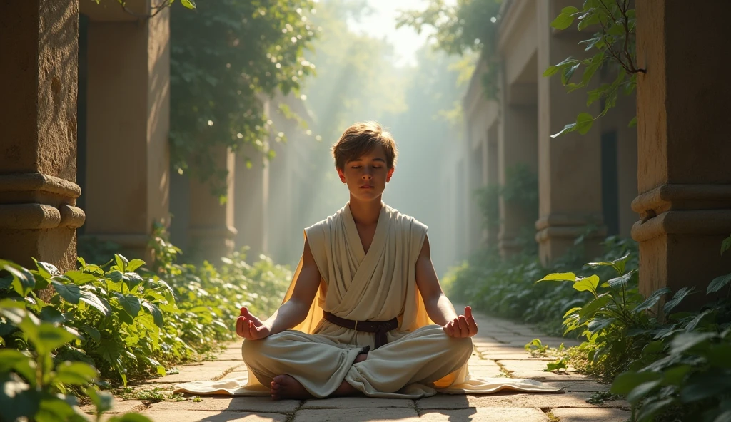 a jedi 14yeays boy, with white monk pants, shirtless, light brown short hair and ice blue eyes, toned body, Abandoned temple garden as a backdrop, frontal, meditating